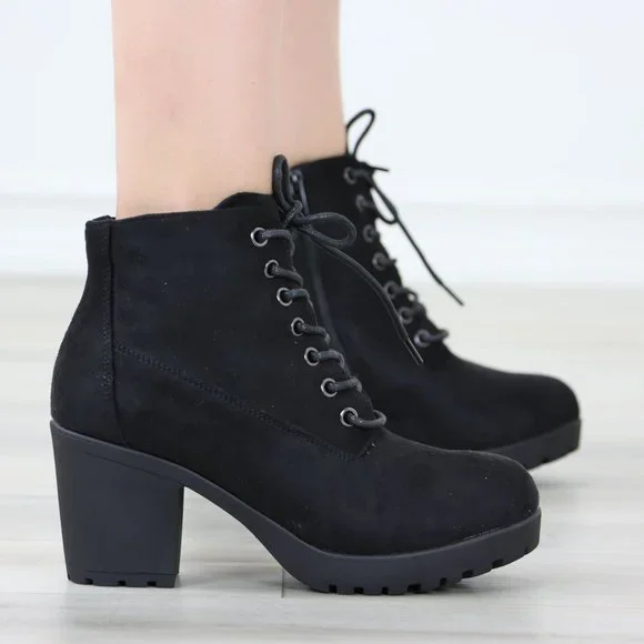Black Suede Ankle Chunky Block Lug High Heel Boots Lace-Up - Picture 4 of 13